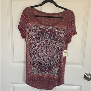 Lucky Brand Maroon Zen Patterned Tee Women’s Medium Boho